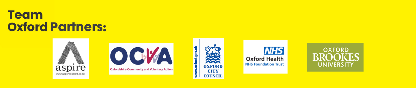 Image of Team Oxford's project partners, including Aspire oxford, OCVA, Oxford City Council, Oxford Health NHS Trust and Brookes University